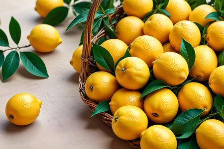 Lemons in a wicker basket on a light background.の素材