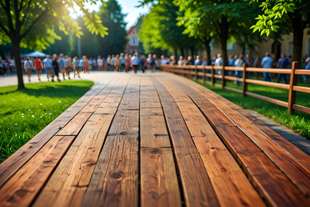 Wooden walkway in the park with blurred people on the backgroundの素材
