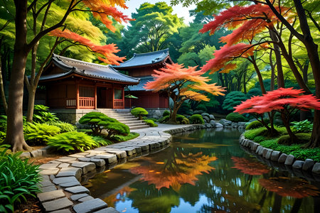Japanese garden with red maple leaves and japanese temple in Kyoto, Japanの素材