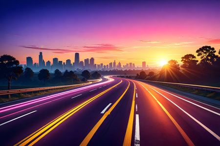 Asphalt road and modern city skyline at sunset,panoramic viewの素材
