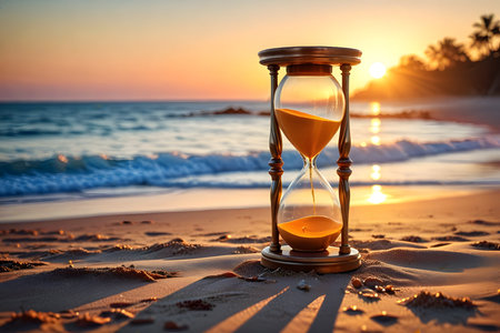 Hourglass on the sand on the beach at sunrise. Time conceptの素材