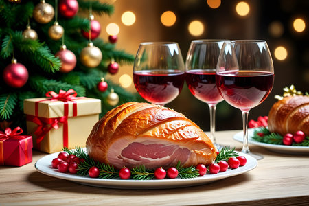Christmas ham and red wine on wooden table with Christmas tree in backgroundの素材