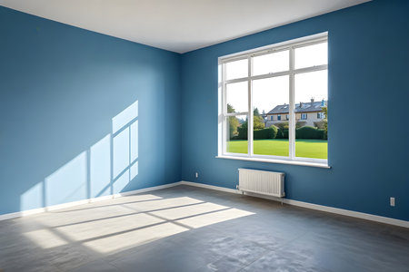 interior of new house, empty room with blue wall and windowの素材