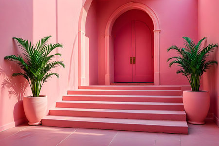 3d render of a pink corridor with stairs and plants in potsの素材
