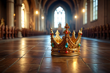 Beautiful golden crown on the floor in a church. Selective focus.の素材