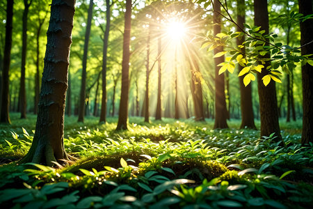 Sunlight in the green forest. Beautiful nature landscape with sunbeamsの素材