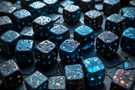 Close up of black dice with blue light reflection on black background.の素材
