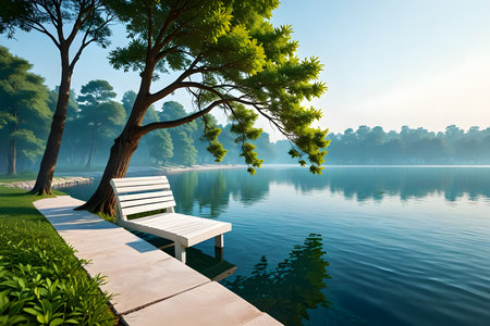 Landscape of lake with white bench and trees in the morning.の素材