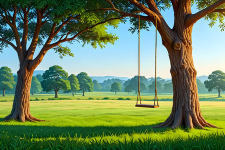 3d render of a swing hanging from a tree in a meadowの素材