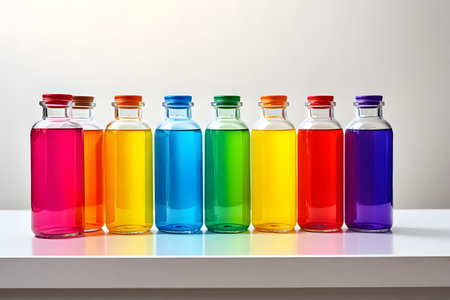 Colorful liquid in glass bottles on white table against white background.の素材