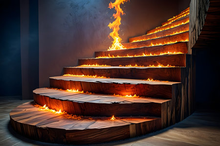 Wooden stairs with fire flames in dark room. 3D renderingの素材