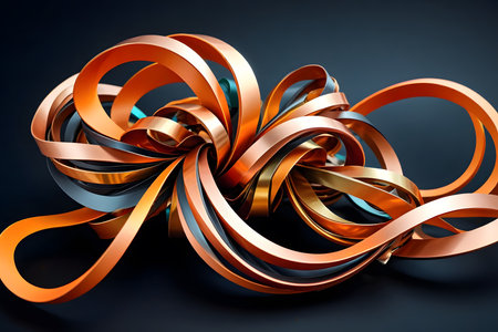 3d illustration of abstract geometric composition with red and orange ribbonsの素材