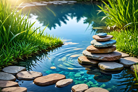 zen stones in the garden on a background of green grass and waterの素材