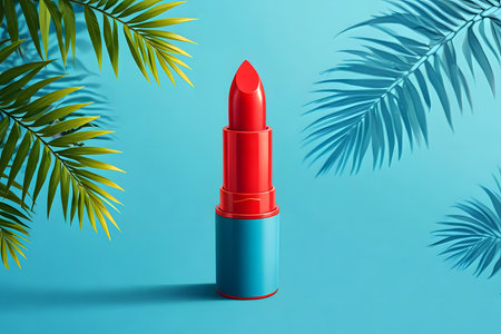 Red lipstick and palm leaves on a blue background. 3d renderingの素材