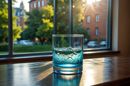 Glass of water on the table in front of the window at sunsetの素材