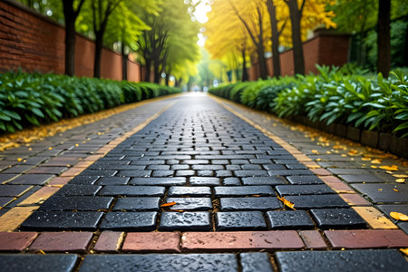 Brick path in the city park at autumn. Perspective view.の素材