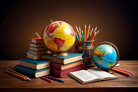 Back to school concept with globe, books and pencils on wooden tableの素材