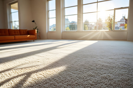 Interior of living room with orange sofa, carpet and window with sunlightの素材