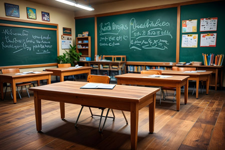 Classroom in a school with blackboard in the background, horizontalの素材