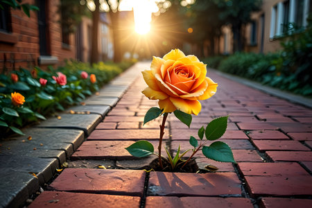 Yellow rose on the old brick road in the city at sunset.の素材