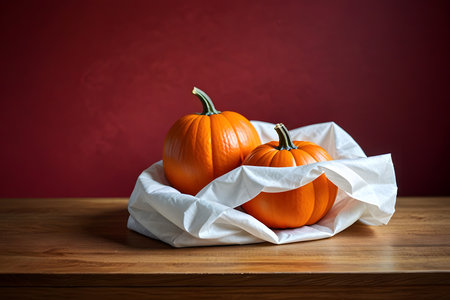 Halloween pumpkins on wooden table and red wall background. Selective focus.の素材