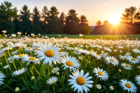 Beautiful daisies on the field at sunset. Nature backgroundの素材