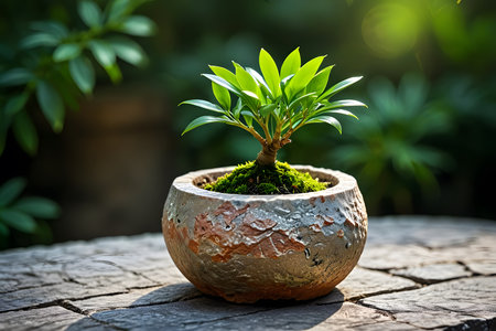 Green plant in clay pot on wooden table with bokeh backgroundの素材