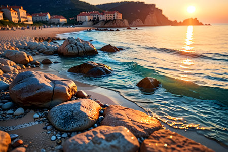 Sunset on the beach of Sveti Stefan, Budva, Montenegroの素材