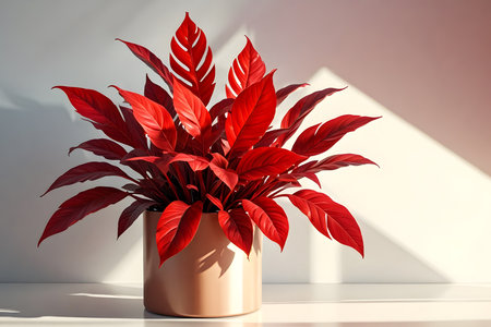 Beautiful red potted plant on a white table. 3d renderingの素材