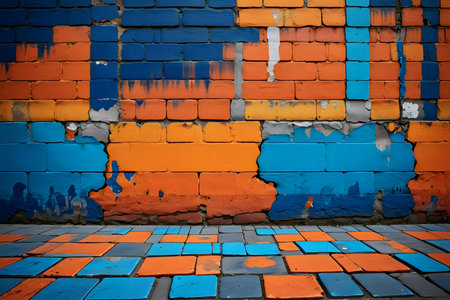 Old brick wall with blue and orange paint. Abstract background for design.の素材