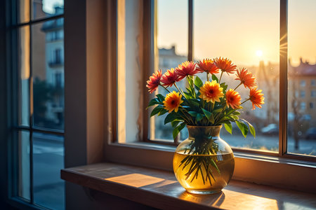 Bouquet of gerberas in a vase on the windowsillの素材