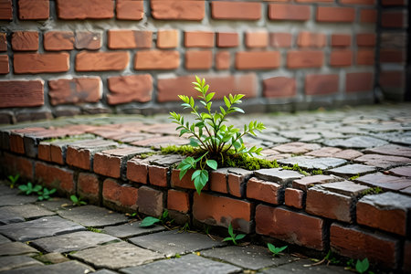 Green plant growing on brick pavement in front of a red brick wallの素材