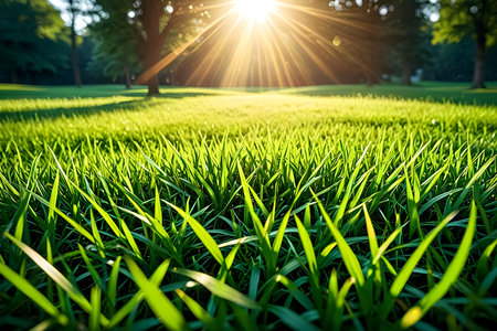 Green grass in the park with sun rays and lens flare effect.の素材