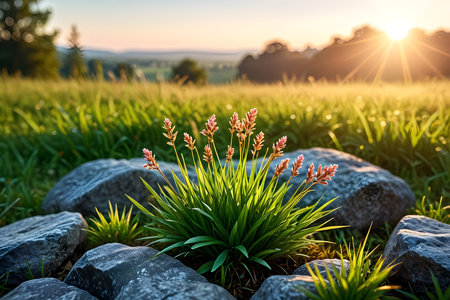 Grass and flowers in the meadow at sunset. Beautiful summer landscape.の素材
