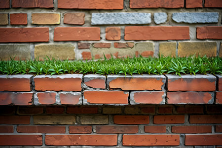 Green grass growing on a brick wall. Natural background. Toned.の素材