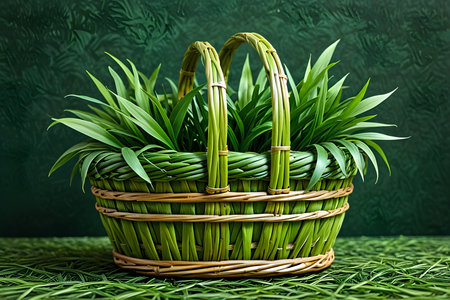 Wicker basket with grass on green background. 3d illustration.の素材