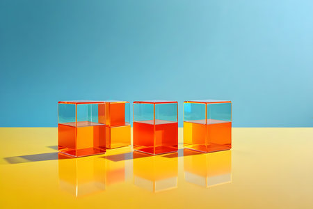 3D render of three glass cubes on a yellow and blue backgroundの素材