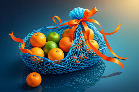 Fruits in a mesh bag on a blue background. 3d illustrationの素材