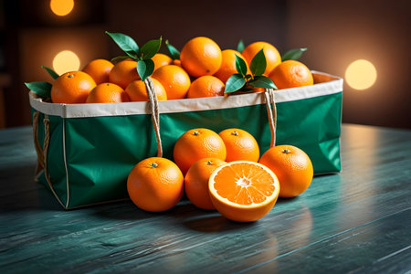 Fresh tangerines with leaves in a basket on a wooden tableの素材