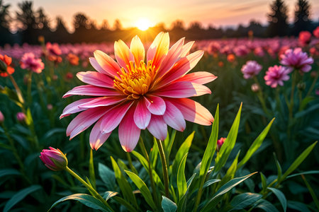 Beautiful dahlia flower in the garden on sunset background.の素材
