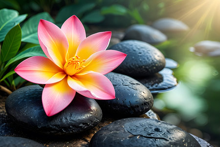 Pink lotus flower on zen basalt stones with water dropsの素材