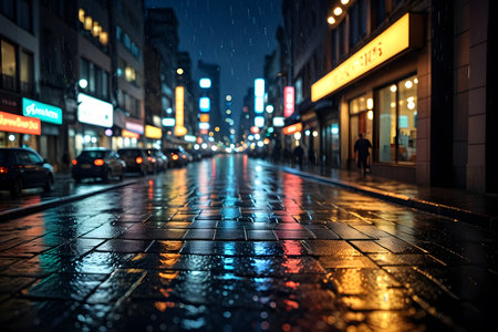 Wet street at night in London, UK. Shallow DOFの素材