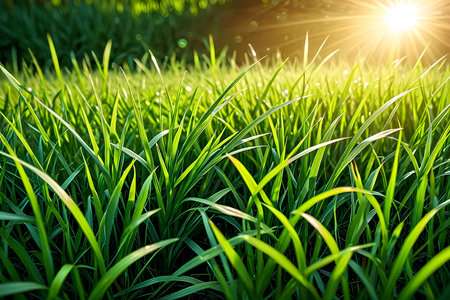 Green grass field with sunlight in the morning. Beautiful nature background.の素材