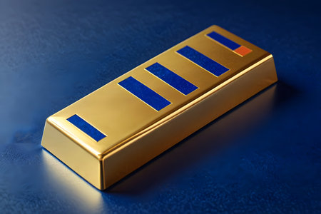 Gold bar on dark blue background. 3d rendering. Computer digital drawing.の素材