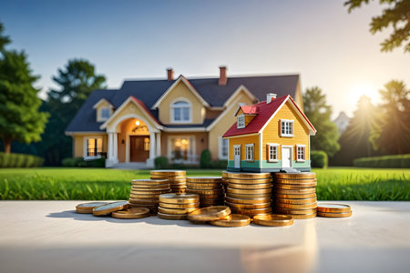 House model and stack of coins. Real estate and investment concept.の素材