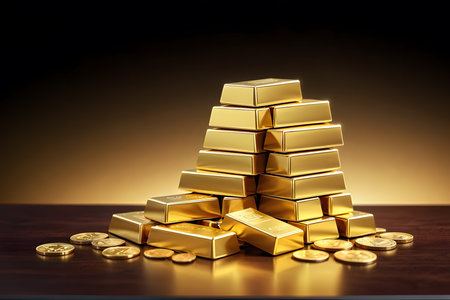 Gold bullion pile and golden ingots on black background. 3d illustrationの素材