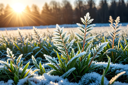 Frosted grass in the meadow at sunset. Beautiful winter landscape.の素材