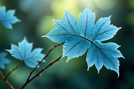 Blue maple leaf on a blurred background. 3d illustration. Leaf texture.の素材