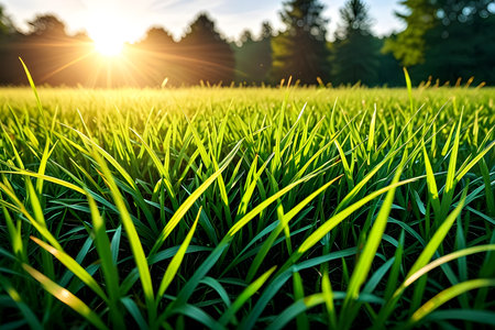 Green grass on the field at sunset. Nature background. Landscape.の素材