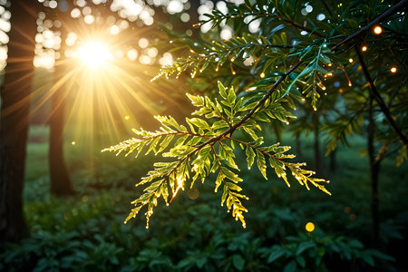 Sunset in the forest with sunbeams and bokehの素材